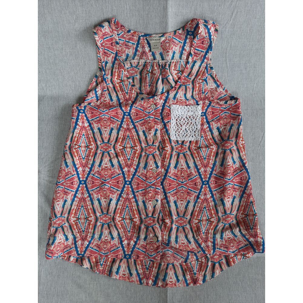 Ariat Women Small Petite Abstract Art Logo Crochet Pocket Sleeveless Top Blouse